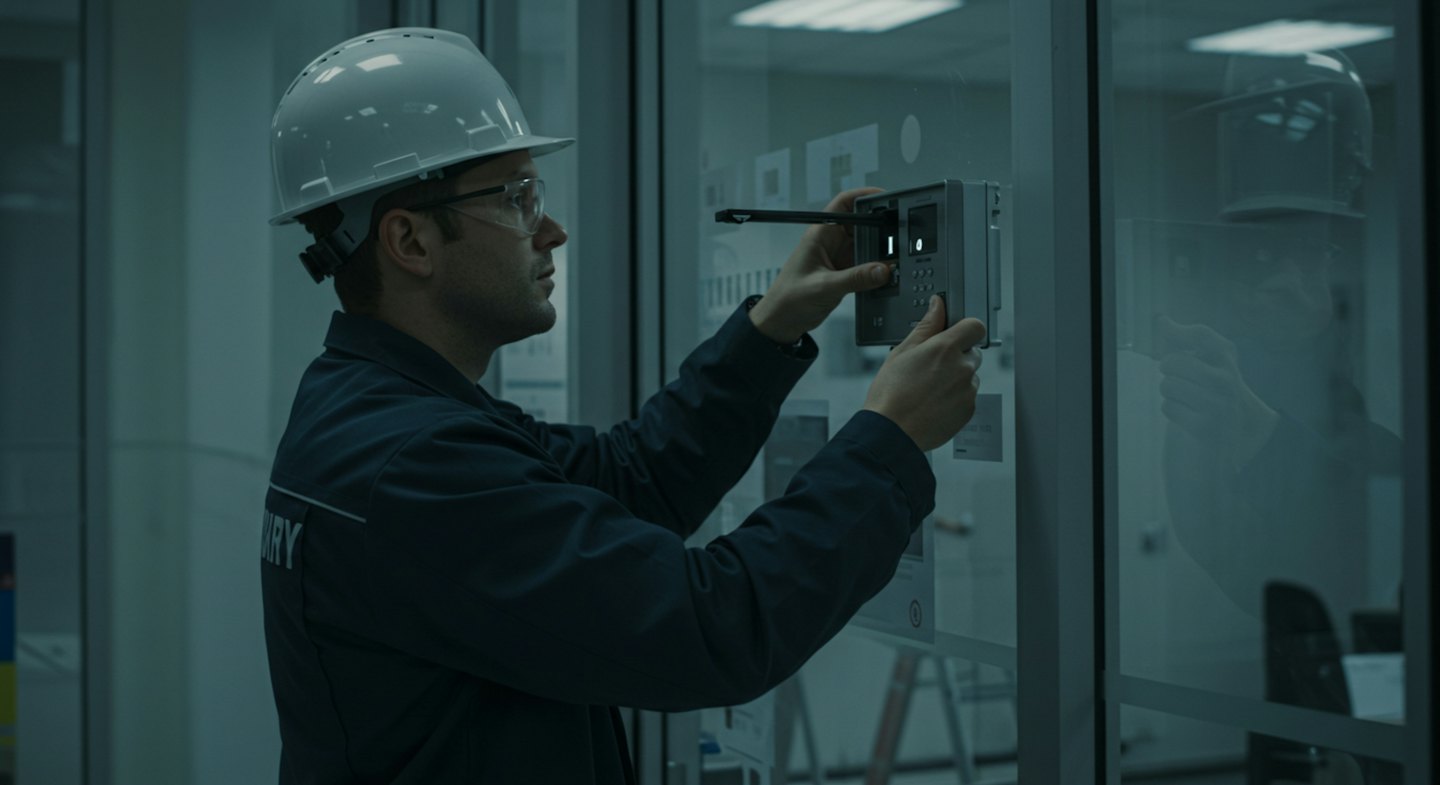 Technicien opérant un panneau de contrôle d'accès sur une porte vitrée.